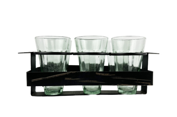 Frontalansicht Chai Träger Schwarz mit 6 Gläsern